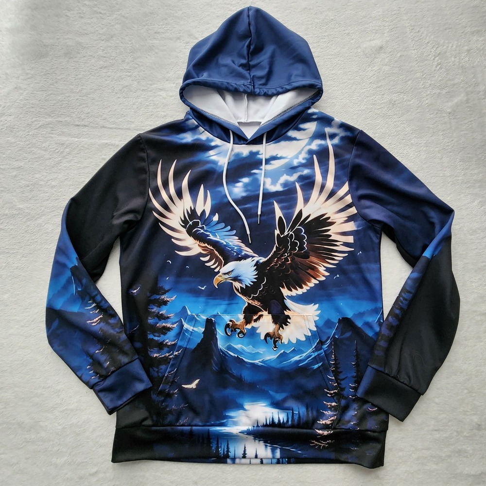 Bald Eagle Graphic Hoodie Mens Large Blue All Over‎ Print Nature Raptor Bird